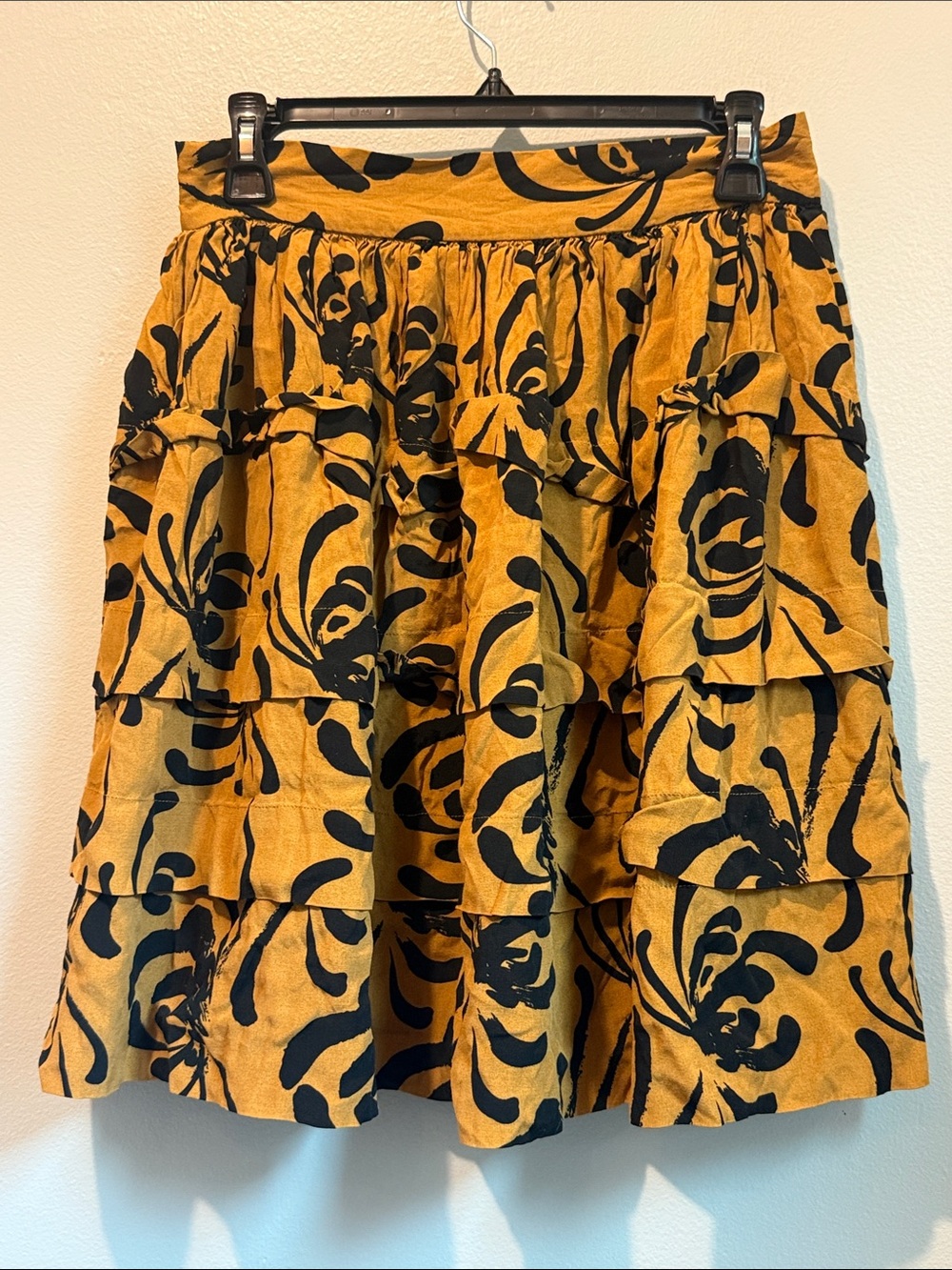 Sariah 6 Tiered A-Line Skirt in Mustard Yellow with Black Floral Print